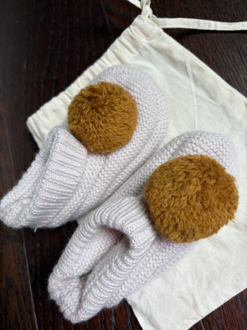 Pehr Knitted Baby Booties with Pom Pom (Beige / Mustard Yellow)